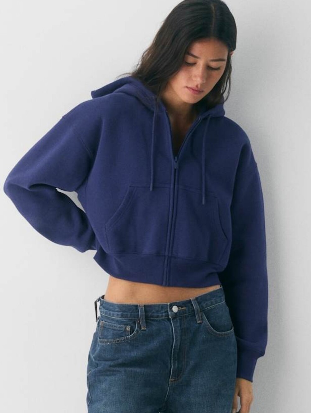 Aritzia TNA Cozy Sweatfleece Boyfriend Crop Zip Hoodie Navy XS